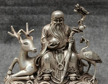 

9" Chinese Silver Buddhism Shou Peach Longevity Star God Statue Ride Deer Crane statues garden decoration
