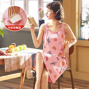 

New Womens Summer Sleeveless Sleep Dress Lovely Pattern Printed Sleepshirt Big Yards Nightdress Young Girl With Chest Pad