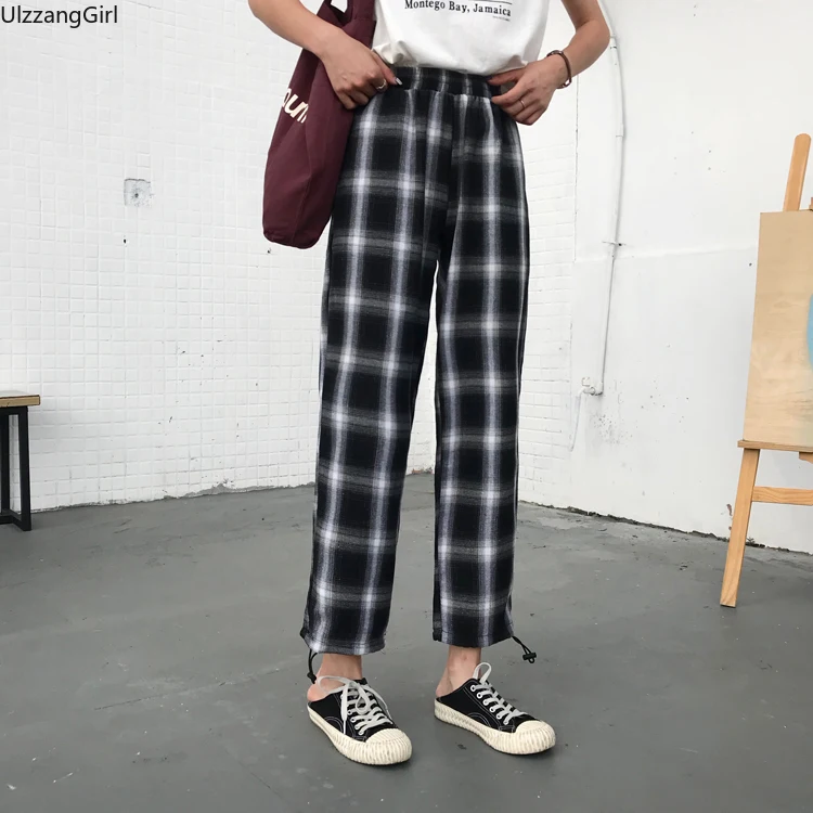 

Ankle-Length Block Contrast Plaid Fashion Elastic Waist Straight Jogger Drawstring Hem Pant Harajuku Streetwear Korean Women 90s