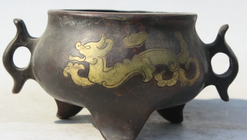 

6" Old Marked Chinese Bronze Handle 3 Foot Dragon Beast Incense Burner Censer S0705 Discount 35%