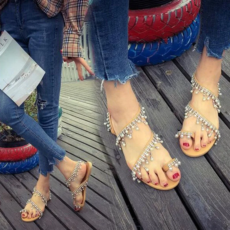 

Europe Women Summer Beach Wear Casual Sandals Shoes Retro Slip-on String Bead Peep Toe Rear Strap Sandals Shoes Flats Size 35-43