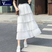 Vangull Женская миди плиссированная юбка черные белые шифоновые многоярусные юбки женские корейские демисезонные эластичные юбки с высокой талией