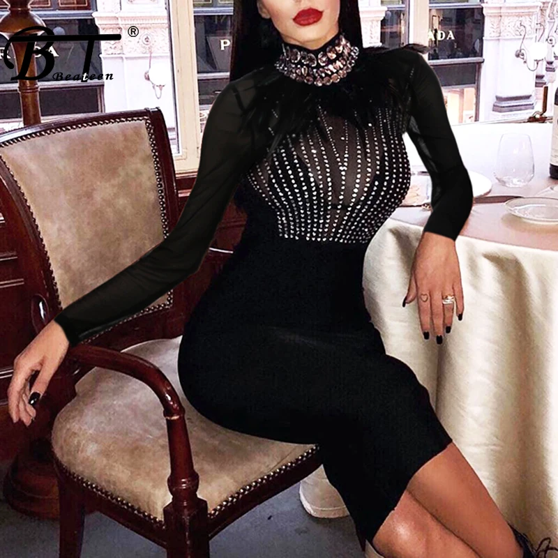

Beateen 2019 New Style Black Mesh Patchwork Beading Bandage Dress Long Sleeve Knee Length Sexy Club Night Out Women Party