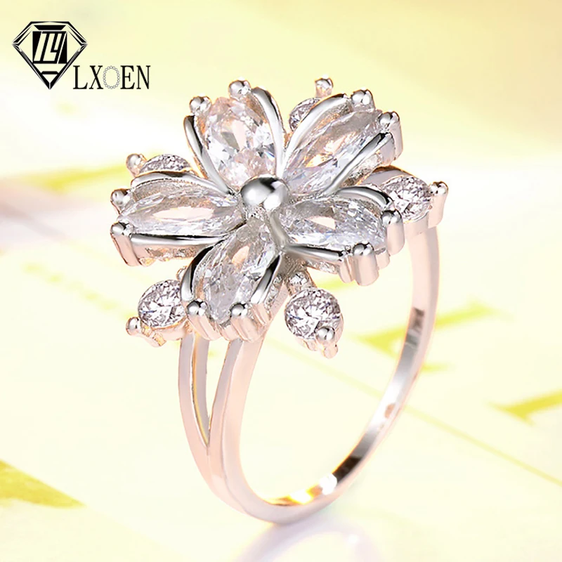 Anillo de compromiso de circón con forma de flor para mujer, sortija de boda rosa de Color plateado, regalo de joyas de fiesta
