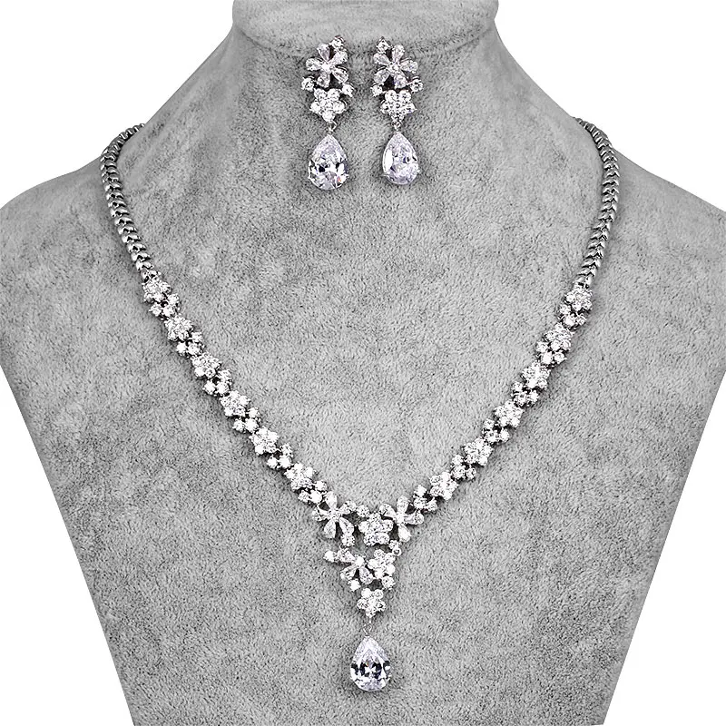 

baiduqiandu High Quality Jewelry Flower Design Water Drop CZ Wedding Jewelry Sets Necklace and Earring For Wedding Bridal