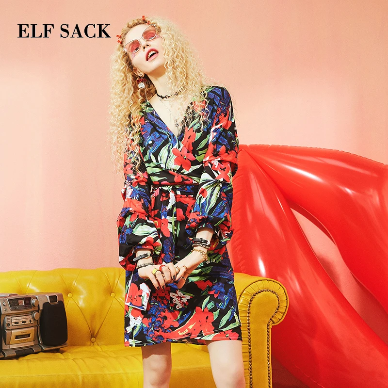 ELFSACK Floral Print Japanese Stylish Kimono Women Boho Summer Dress 2020 V Neck Button Up Split Holiday Party Dresses | Женская одежда