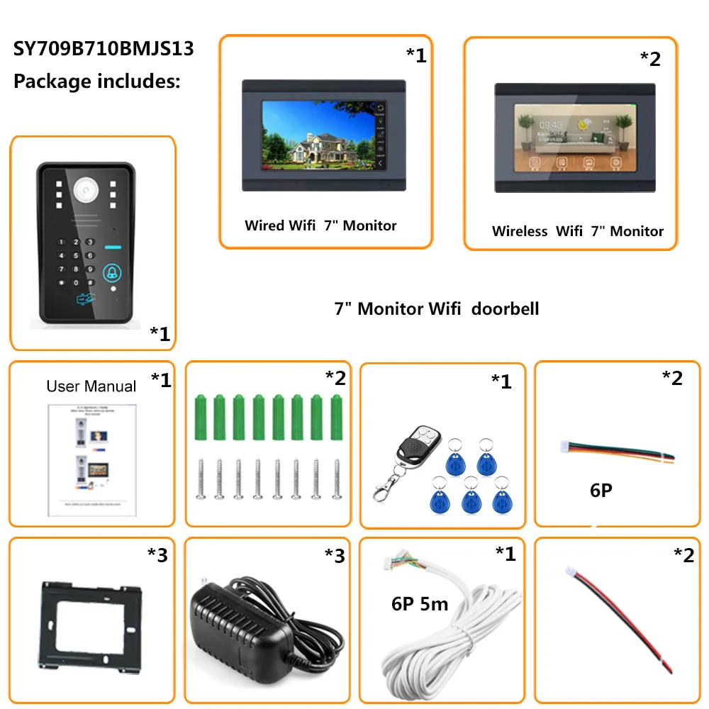 3 мониторы 7 "проводной/Беспроводной Wi-Fi RFID пароль видео Звонок домофона Системы с IR-CUT HD 1000TVL Камера Ночное видение