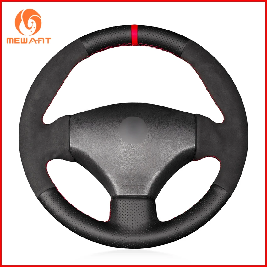

MEWANT Black Genuine Leather Black Suede Car Steering Wheel Cover for Peugeot 206 2003 206 CC 2005 Interior Accessories Parts