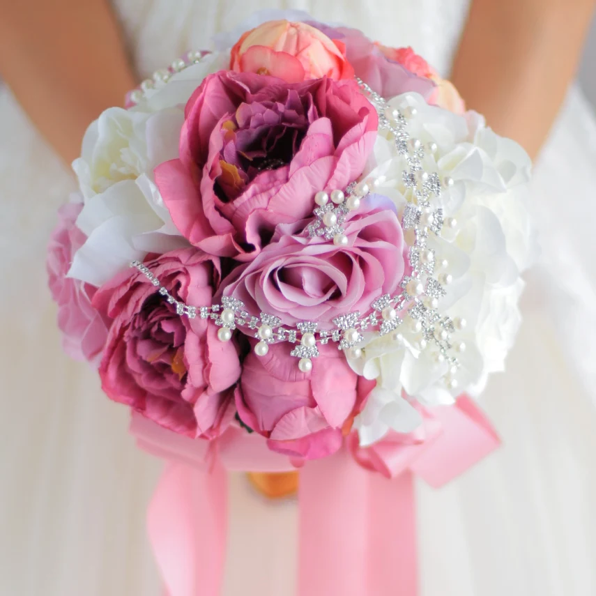Простой стиль, свадебный кот Розовый Кварц букет, пион роза жемчужная брошь кристалл свадебный букет, элегантные свадебные букеты декор