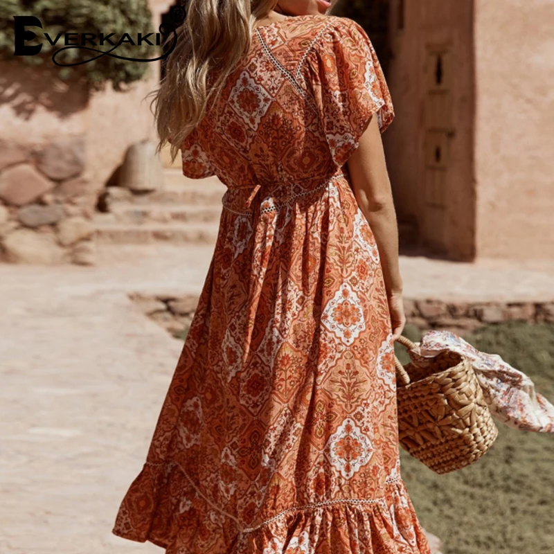 Everkaki богемный цветочный принт женское длинное платье Vestidos с v образным вырезом