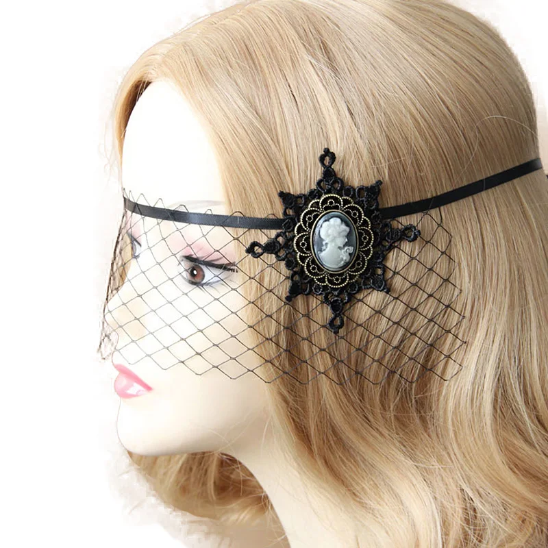 

Handmade Gothic Black Snowflake Flower Lace Victorian Women Head Cameo Eye MASK Ribbon Mesh Headband Hairband Fancy Dress Ball