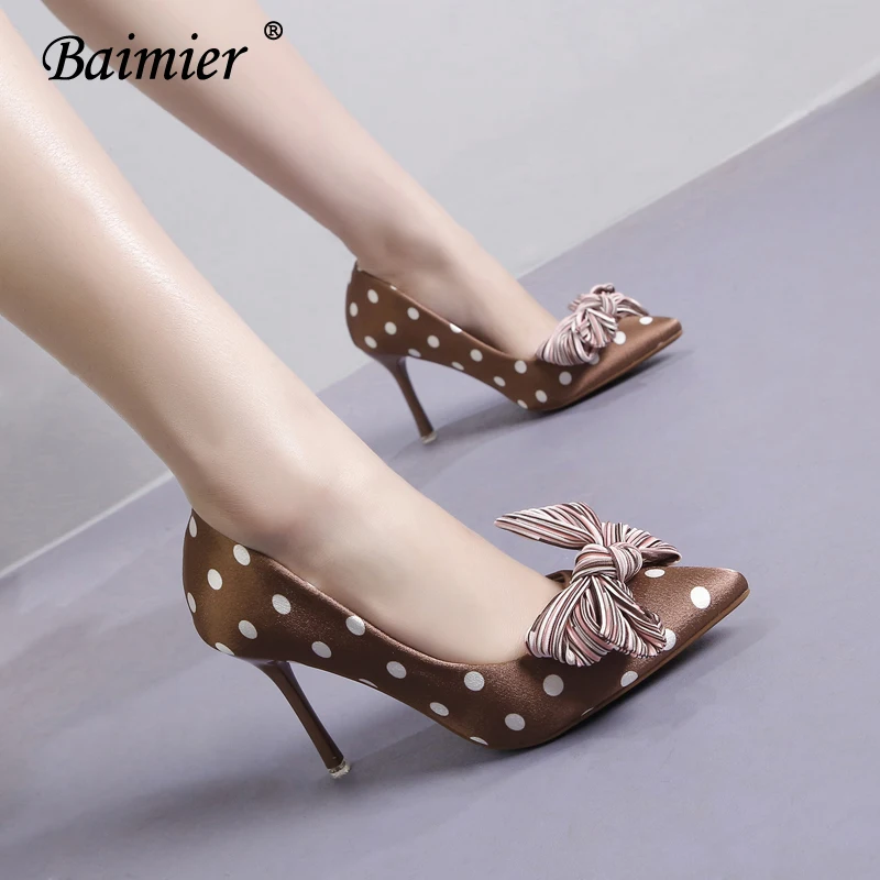 

Baimier Silk Polka Dot Women High Heels Pointed Toe Bowtie Women Pumps Slip On Thin Heel Sexy Wedding Shoes Woman
