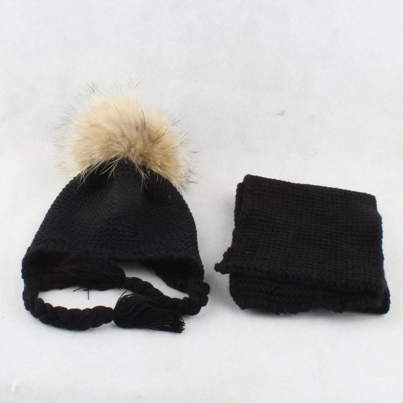 2018 теплый вязаный зимняя шапка и шарф набор для детей Pom набор шапочек-бини натуральный мех енота помпон детская шапка шарф комплект