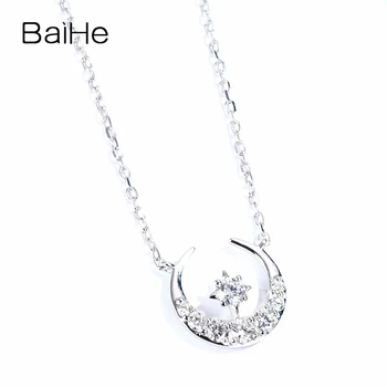 شراءBAIHE الصلبة 18K الذهب الأبيض 0.22ct الماس الطبيعي العصرية الزفاف غرامة مجوهرات قطعة رائعة من الماس نجمة القمر هدية القلائد