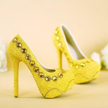 2017 New Designer Yellow Bridal Shoes Handmade Pearl Wedding Party Shoes Lady Formal font b Dress