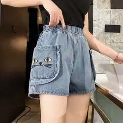 Мода 2019 летние женские джинсовые шорты с принтом кота повседневные Широкие джинсовые шорты