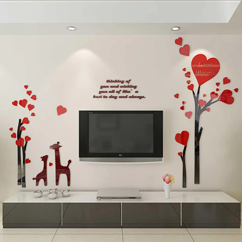

Sweet Hearts Bloom and Deer Pattern Acrylic Stickers Beautiful Wedding Gift TV Background Wall Living Room Decoration