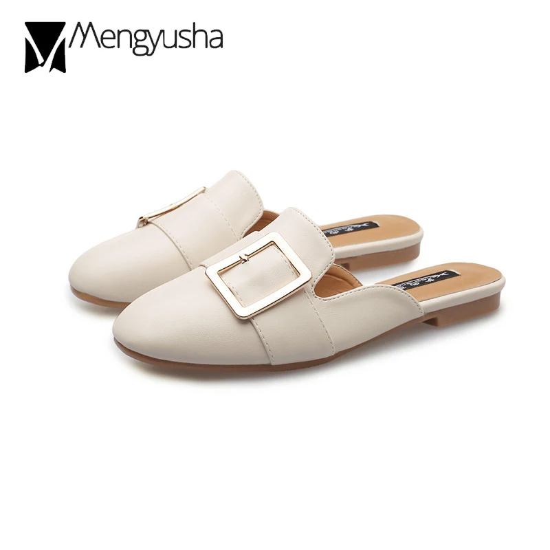 

trendy mules summer women outside flats slingback lazy slippers brand close toe metal buckle pearl slides Korean flip flops shoe