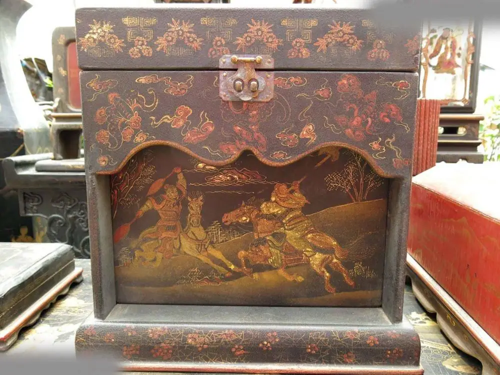 

14" China old wood lacquerware Horse fighting Pattern central bay toilet case