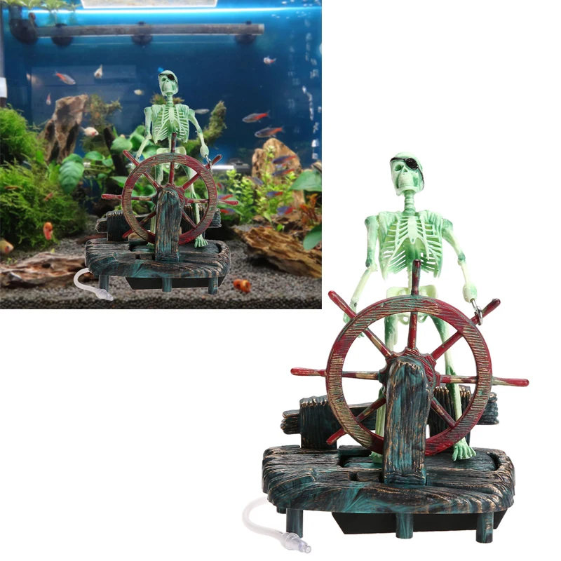 

Pirate Captain Aquarium Decorations Landscape Skeleton on Wheel Action Figure FishTank Ornament Aquarium Decoration