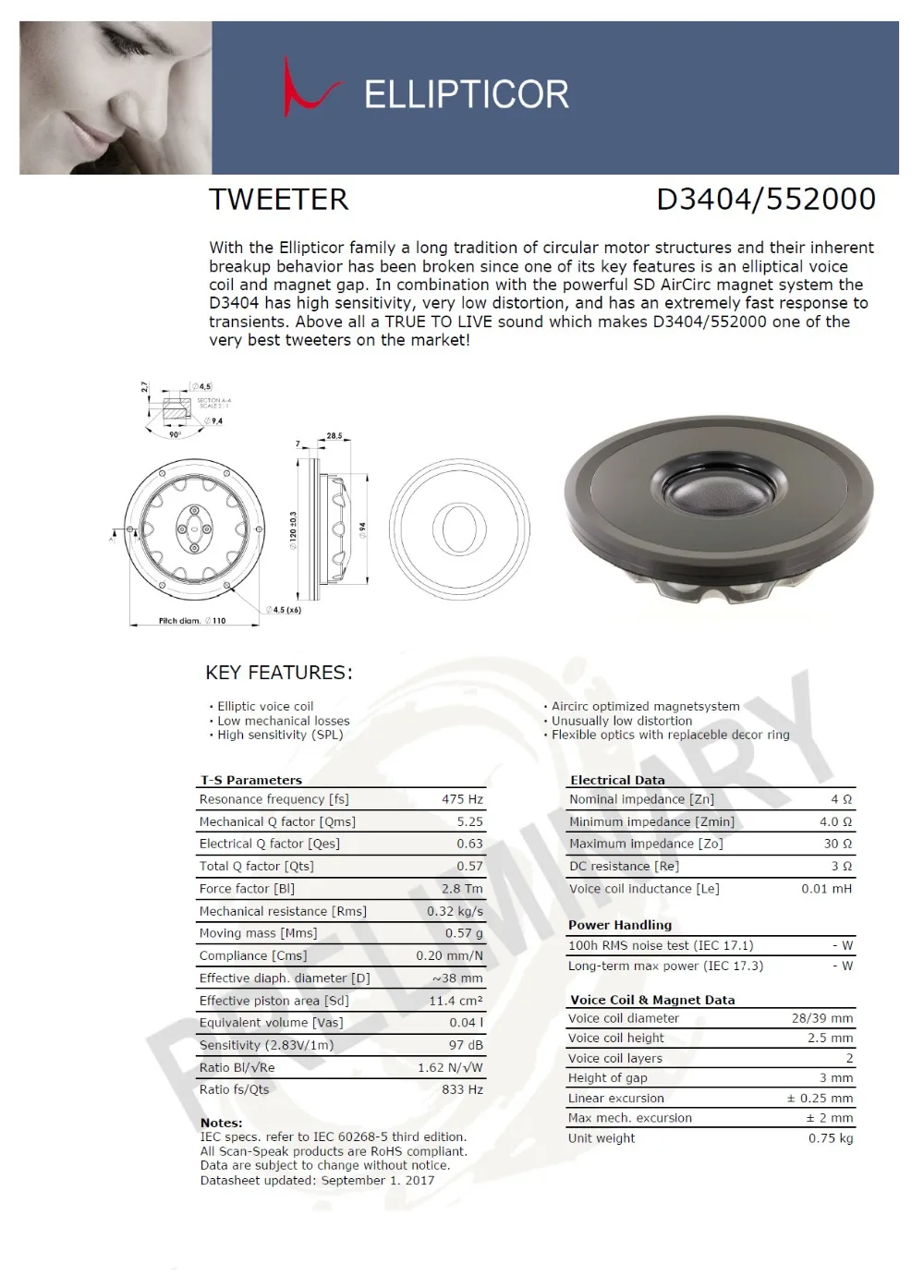 Скан-Speak D3404-552000-1,5 дюймов/твитер блок 4ohm-97dB вес нетто 0,75 кг