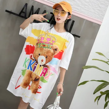 

2019 summer net red new European version of the tide brand big board T-shirt round neck cartoon long T-shirt female fashion girl