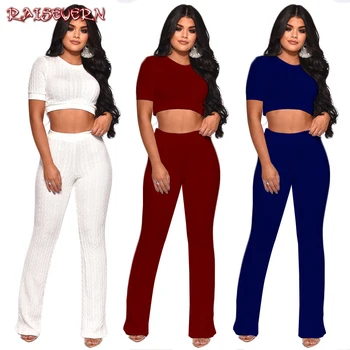 

RAISEVERN Women Two Pieces Set Knit Fitted Crop Tops Casual Suits 2 Piece Set For Women Top And Pants Fashion Jogger Set 2018