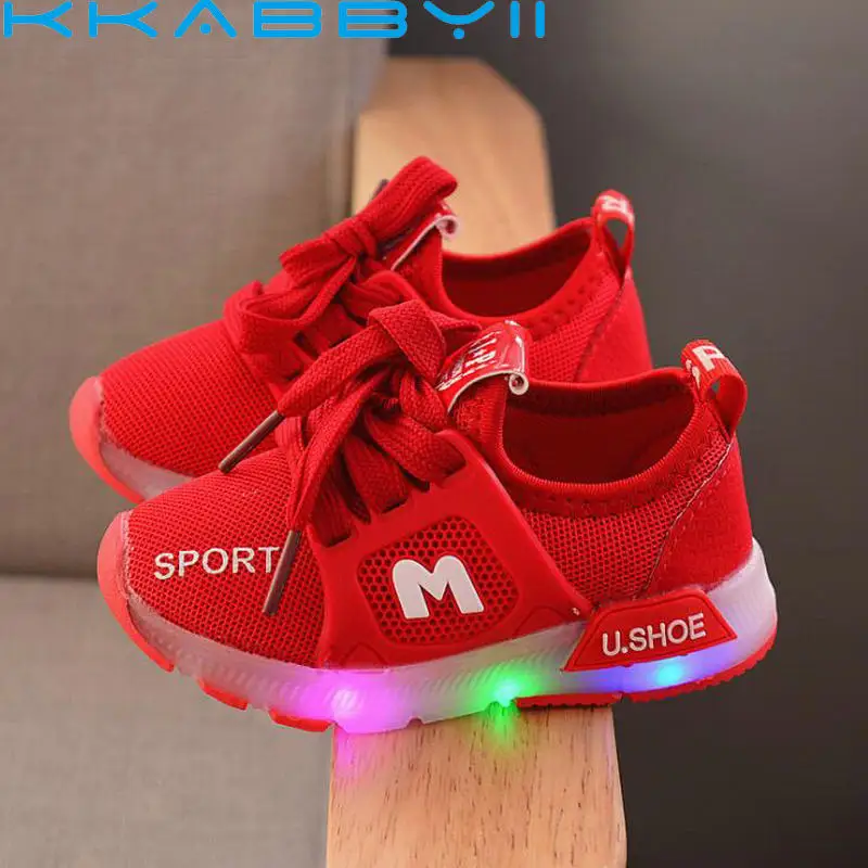 Spring Autumn Mesh Breathable LED Sneakers Glitter Black Casual Sport Shoes Kids Pink White Sneakers for Girls