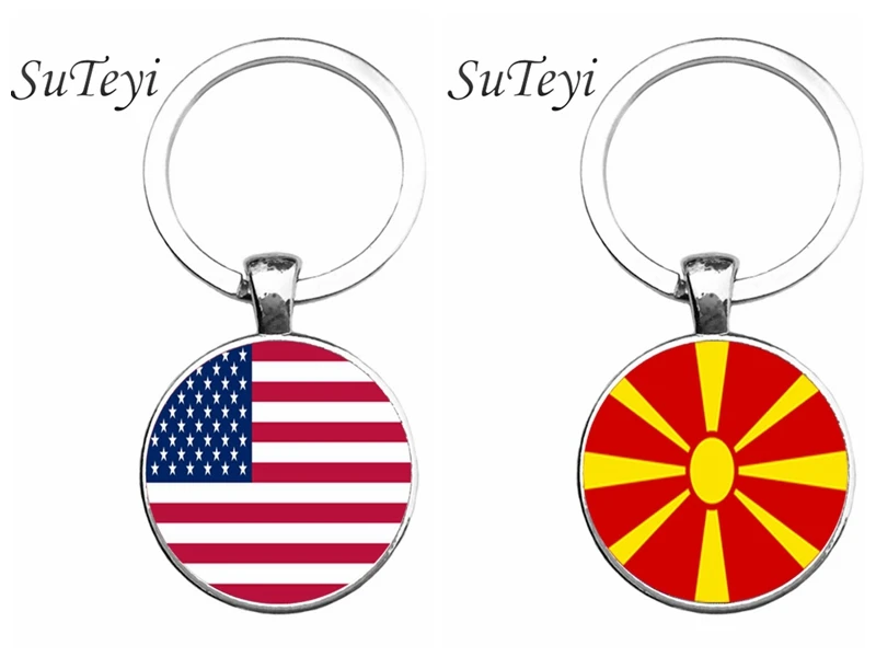 

SUTEYI 2017 New Style America/Macedonia Flag key Ring Round Glass Dome Art Picture Key Chain Jewelry Bag Accessories keychain