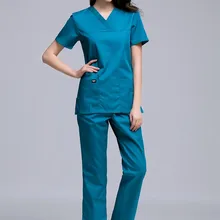 Корейский стиль Slim Fit v-образным вырезом для женщин скраб наборы медицинские доктора медсестры униформа стоматологическая клиника Pet больница Рабочие Комбинезоны лабораторные пальто