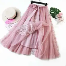 Последняя Мода Женская кружевная юбка с тюлем модные эластичный галстук-бабочка Высокая талия юбка длинные юбки-пачки