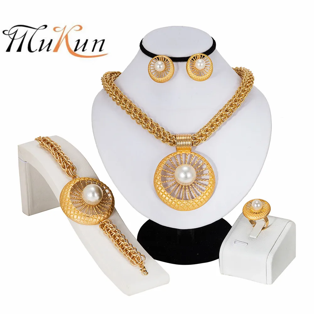 

MUKUN New Fashion Costume Jewellery African Women Big Necklace Bracelet Rings Earrings Set Dubai Gold Plating Jewelry Sets