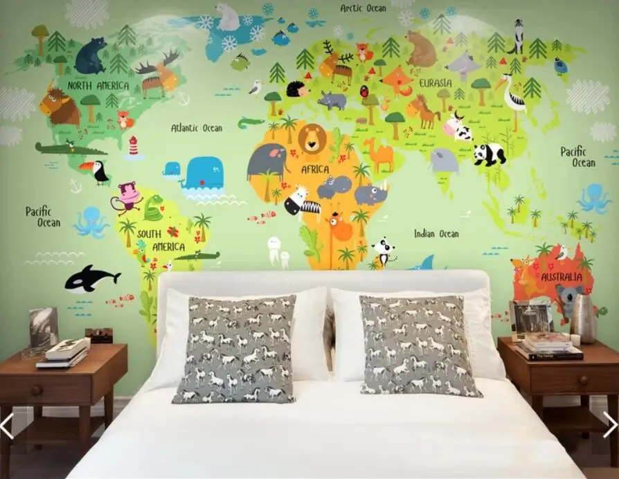 

World Map with Animal Wallpaper Mural Printed Papiers Peint 3d Custom Photo Murals Wallpapers for Nursery Room Home Decor