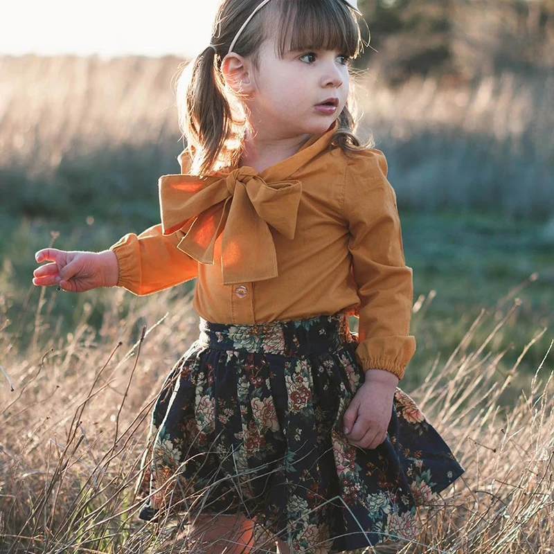 

2018 New Baby Girl Long Sleeve Pattern Long Sleeve Blouse Mini Floral Print Skirt 2 Pcs Casual Toddler Outfits Set