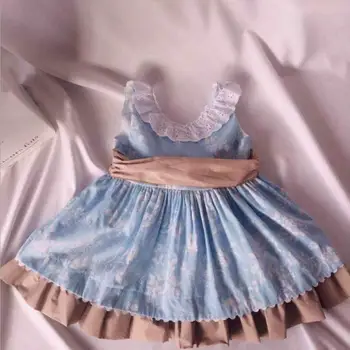 

Summer new cotton princess dress for baby girls toddler blue print lace patchwork dress children sleeveless Spanish dress ws504