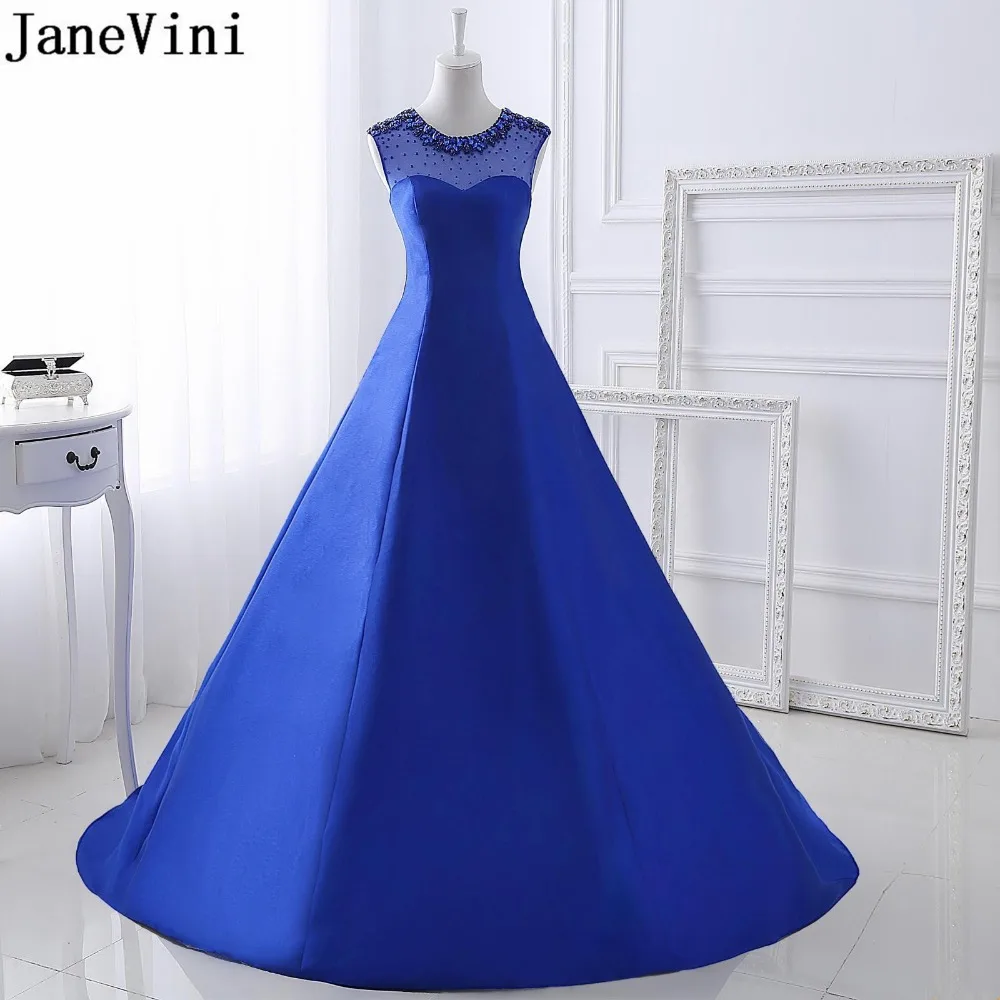 

JaneVini Vestidos Satin Beaded Crystal Evening Dress Sheer Neck Royal Blue Ball Gown Mother of the Bride Dresses Robe De Mariee
