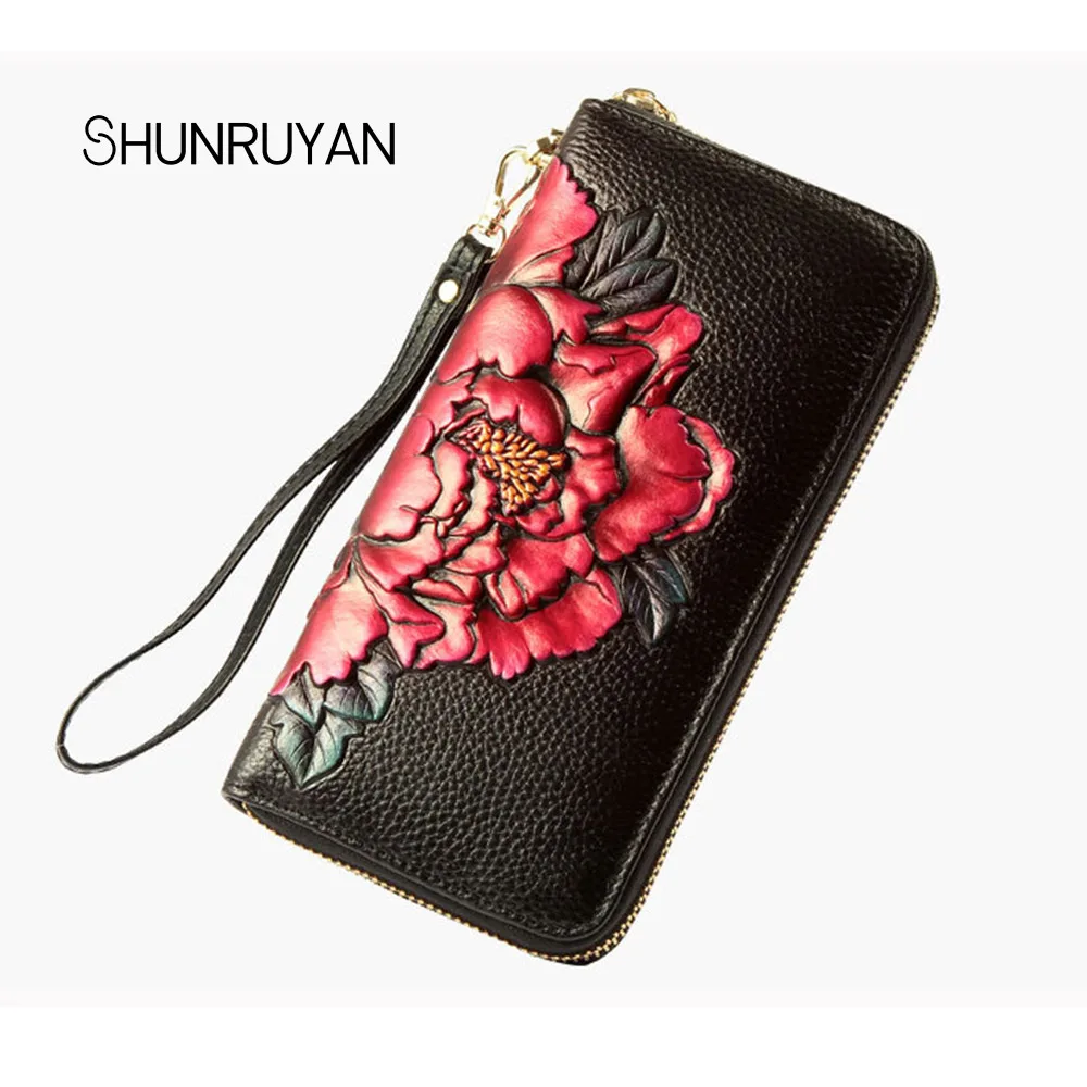 

SHUNRUYAN New high-quality Women's Large Capacity card wallet cowhide genuine Leather rose Clutch Purse Vintage package
