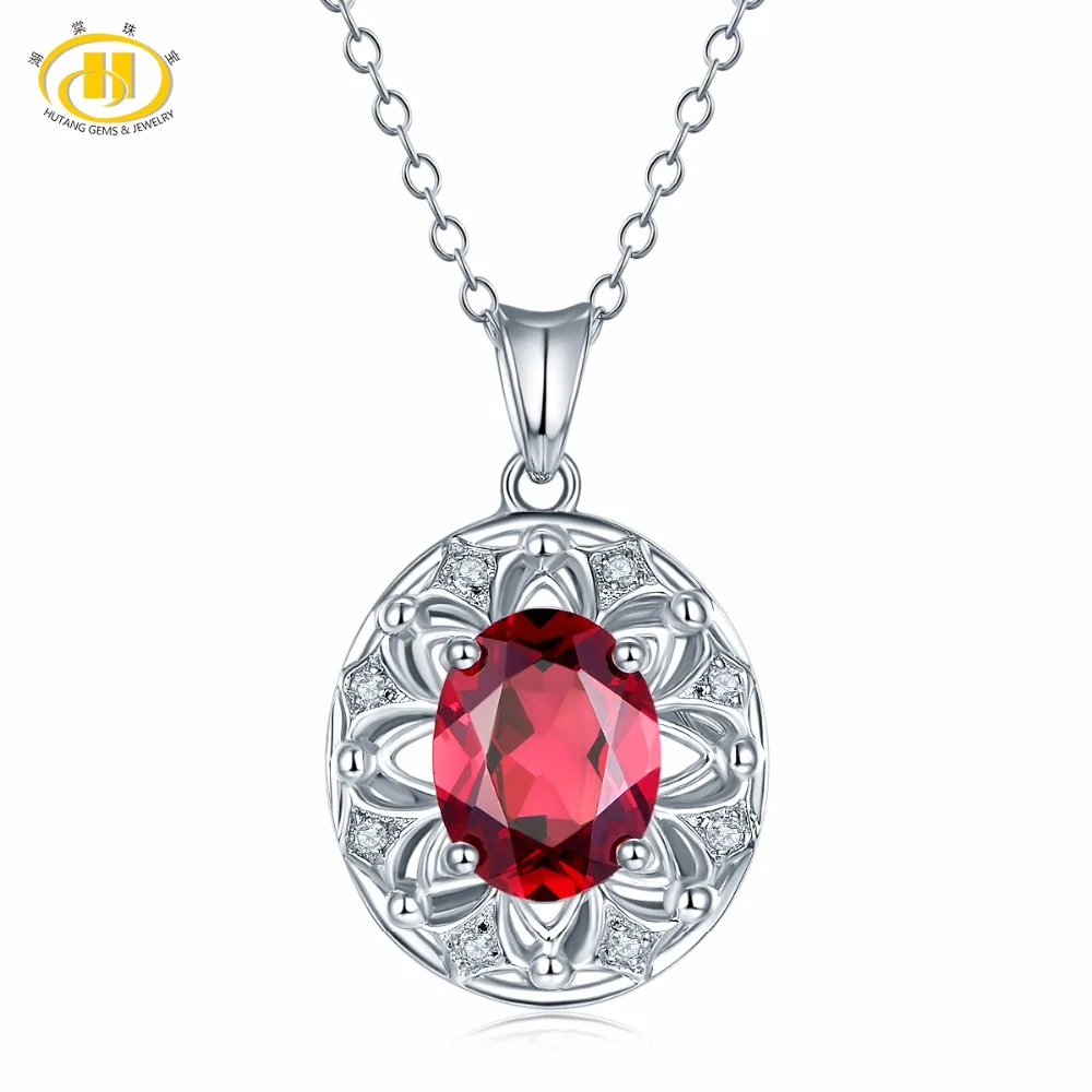 Hutang Natural Gemstone Rhodolite Garnet Solid 925 Sterling Silver Flower Pendant Necklace For Women's Girls' Fine Jewelry