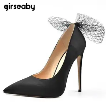

Girseaby Women Sexy Extreme High Heels Pointed Toe Pumps 12 Cm Big Bow Tie Party Shoes For Ladies Stilettos Dress Shoes E074