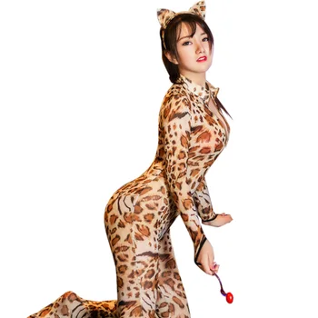 

Sexy Leopard Two Way Zipper Playsuit Open Crotch Bust See Through Bodysuit Body Stockings Club Wear Full Jumpsuit Glove F34