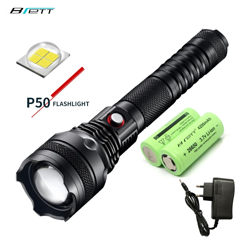 

CREE XHP50 flashlight Rotary zoom Tail attack head Use 2*26650 battery Direct charging Self Defense Powerful led flashlight