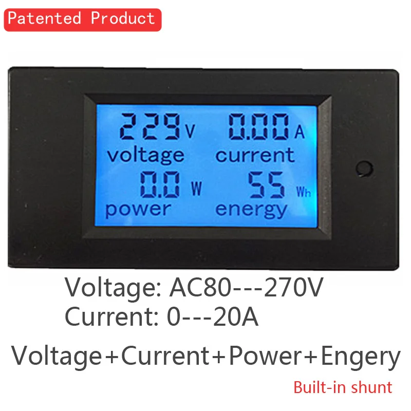 

LCD Digital Display AC 80-270V 0-20A 45-60Hz Voltmeter/Ammeter/ Energy Meter/Power Meter/ Electric Power Monitor Bulit-in Shunt