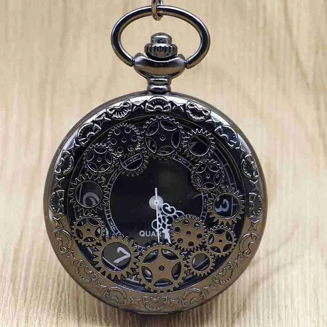Антикварные кварцевые карманные часы из черной стали в стиле стимпанк, винтажные полые часы с подвеской и цепочкой, подарки для мужчин и женщин