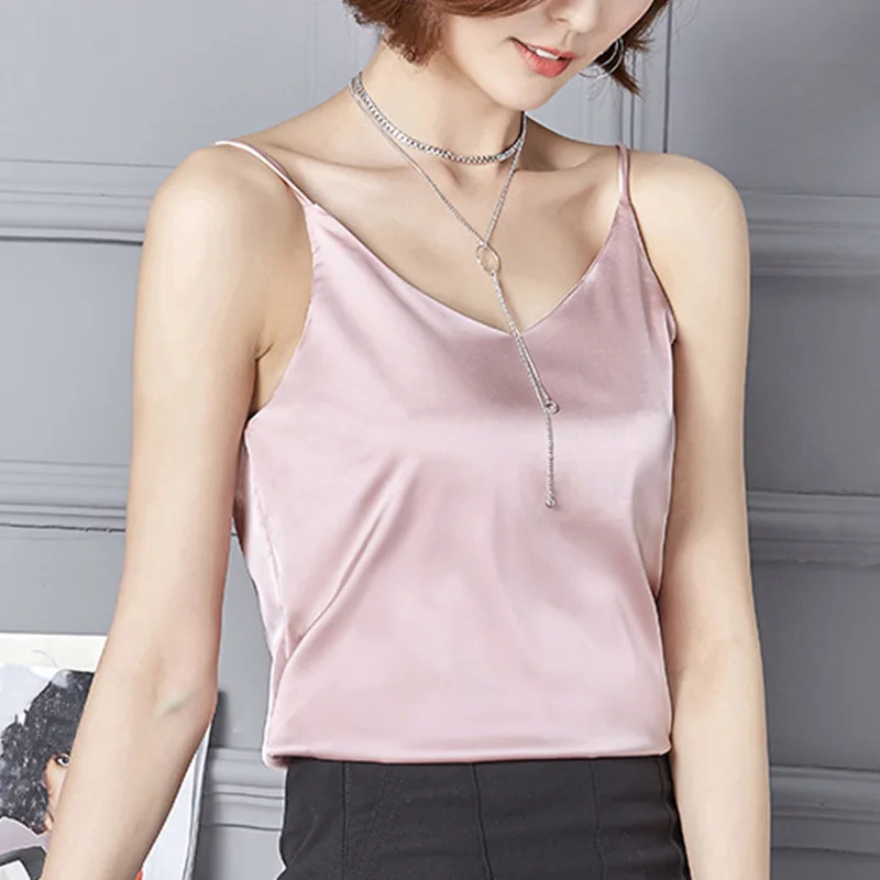V Neck Faux Silk Satin Pink Feminine Female Blouse Sleeveless Backless Solid Camis Women Tank 2019 Summer Fashion Sexy Home Top