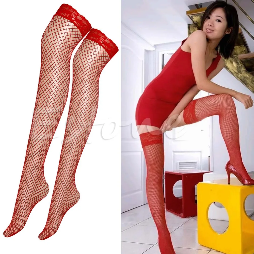 2017 New Fashion Women Lace Red Long Fishnet Mesh Sexy Stocking Large High Skinny Hose Girls Big Net New Solid Nylon Stockings