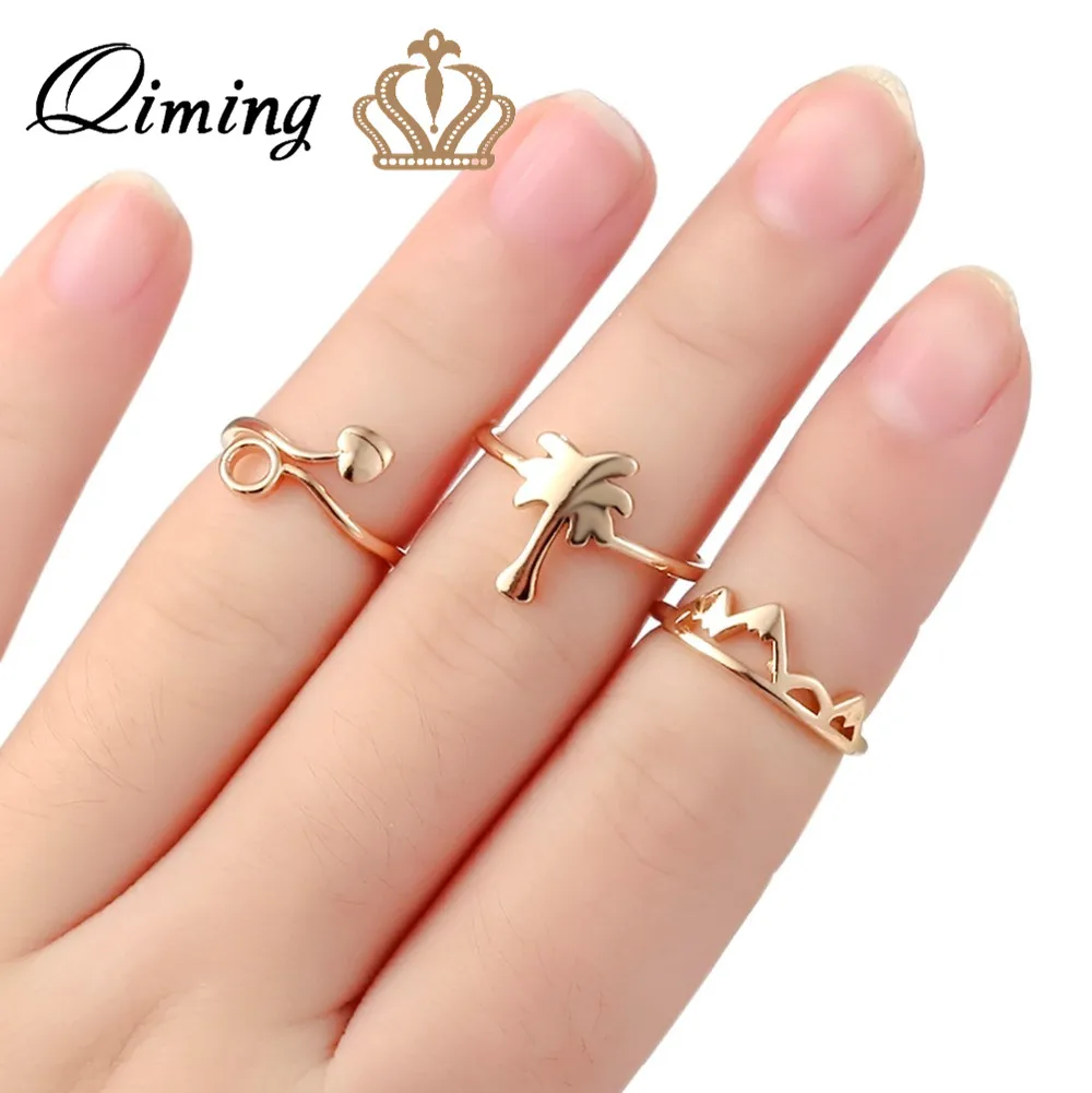 QIMING Finger Woman Ring Set Coconut Tree Charm Mountain Love Heart Rings For Women Cheap Birthday Gift Golden Fashion Jewelry | Украшения