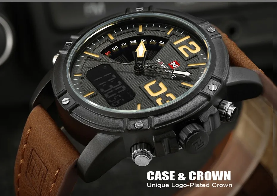 NAVIFORCE 9095, мужские цифровые спортивные часы, наручные часы для мужчин, Топ бренд, Военный стиль, роскошный кожаный светодиодный, кварцевые мужские часы
