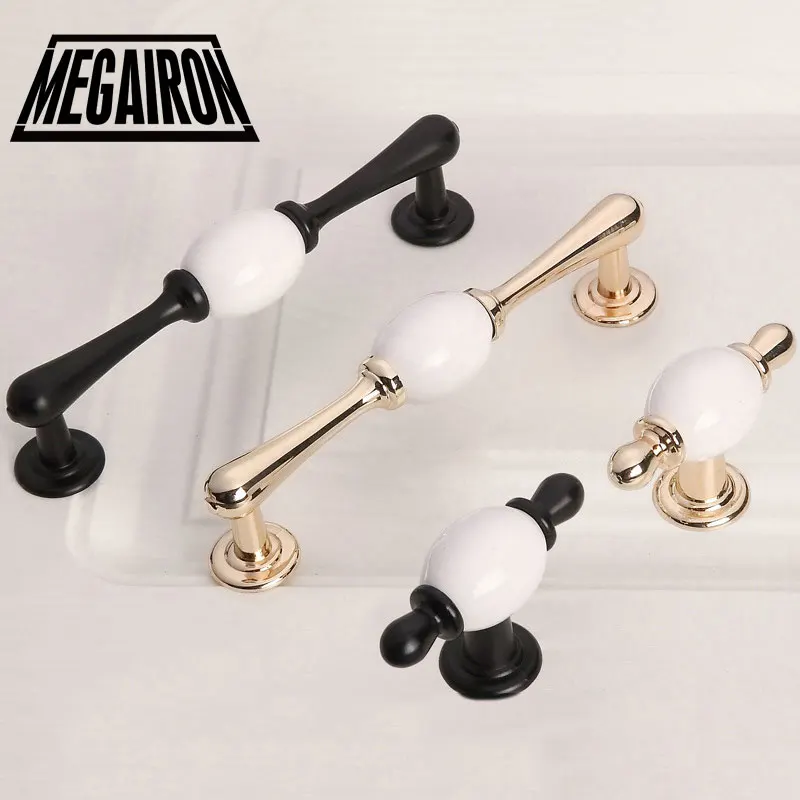 

MEGAIRON Ceramic Furniture Handle Sub Black Gold European Garden Handle Modern Wardrobe Door Handle