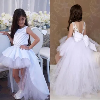 High Low Tulle Satin Flower Girl Dress with Big Bow V-Back Jewel Neck Girls Pageant Gowns Lovely Birthday Party Gown Custom Made High Low Tulle Satin Flower Girl Dress with Big Bow V-Back Jewel Neck Girls Pageant Gowns Lovely Birthday Party Gown Custom Made