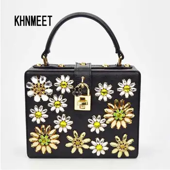 

Fashion Crystal Flower Women Evening Bag Ladies Black Mini Box Shape Strap Handbags Candy Flap Crossbody bag Lock Shoulder Bag